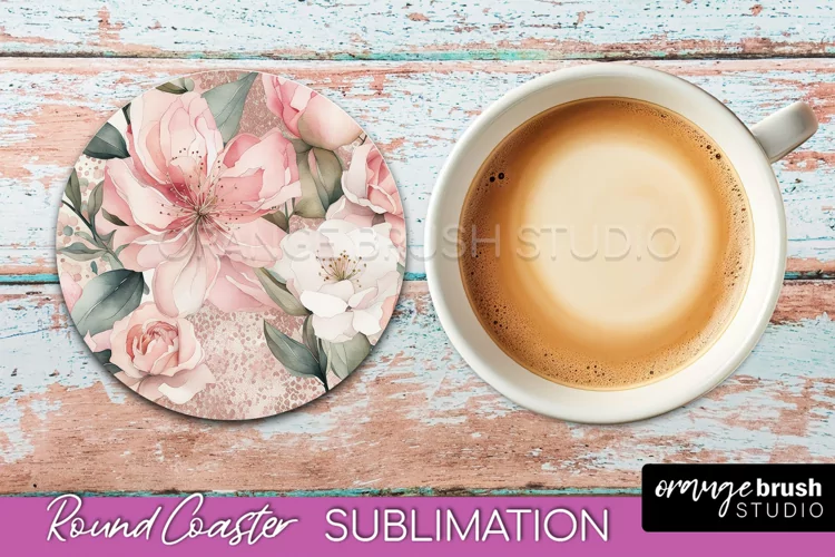 Watercolor Flowers Round Coaster - Floral Pink Sublimation