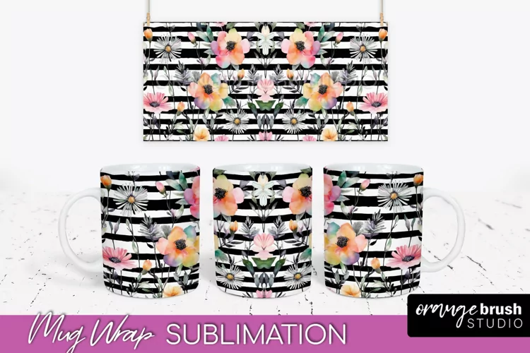 Pink Watercolor Flowers Mug Wrap - Floral Mug Sublimation
