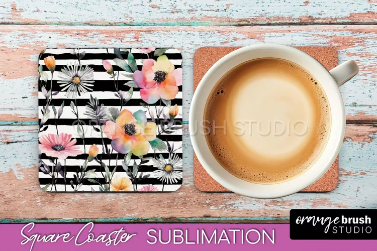 Watercolor Flowers Square Coaster - Floral Pink Sublimation