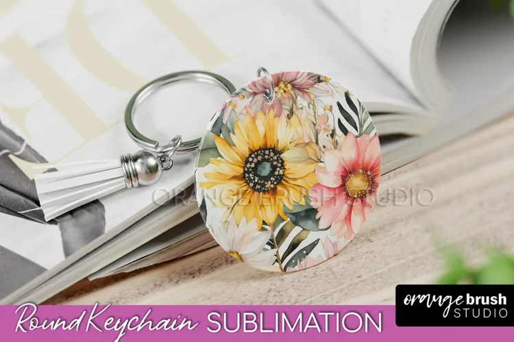 Pink Flowers Keychain, Floral Keychain Sublimation Design