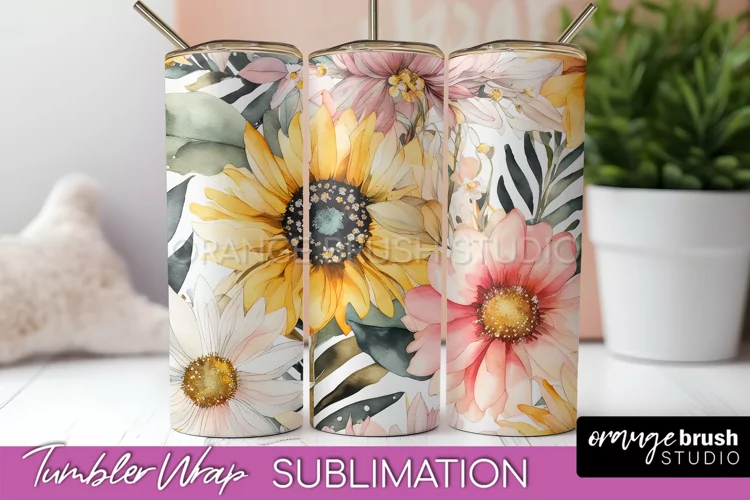 Floral Tumbler Wrap - Pink Flowers Watercolor Tumbler PNG