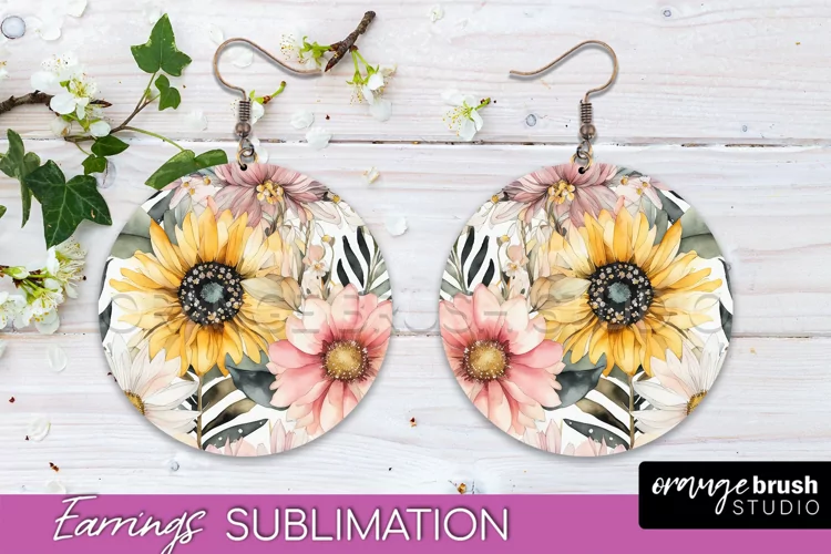 Watercolor Flowers Earrings, Pink Floral Earring Sublimation
