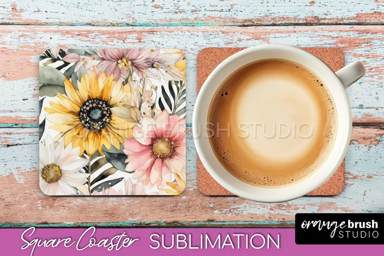 Watercolor Flowers Square Coaster - Floral Pink Sublimation