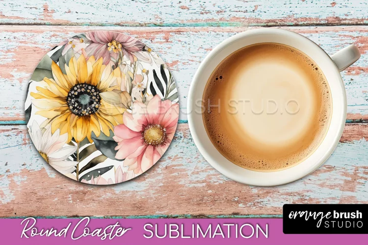 Watercolor Flowers Round Coaster - Floral Pink Sublimation