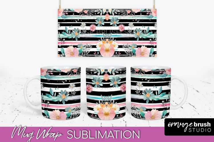 Pink Watercolor Flowers Mug Wrap - Floral Mug Sublimation