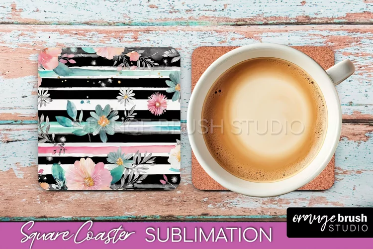 Watercolor Flowers Square Coaster - Floral Pink Sublimation