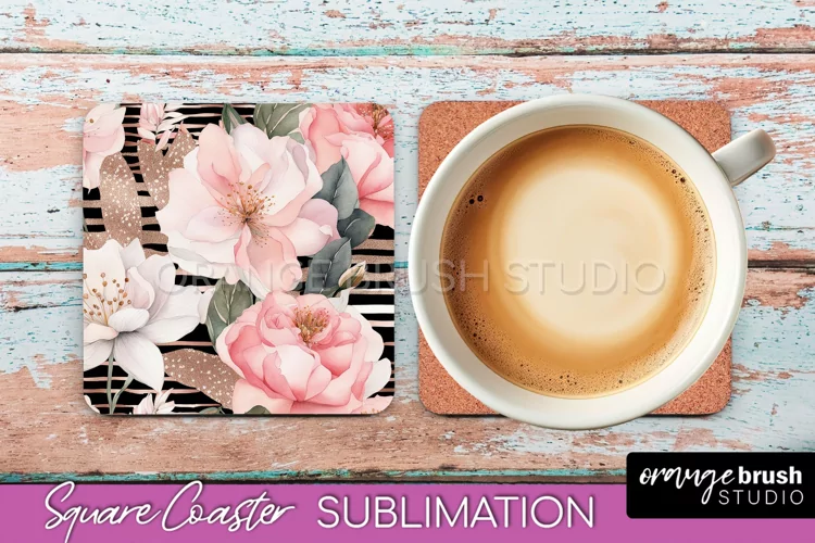 Watercolor Flowers Square Coaster - Floral Pink Sublimation