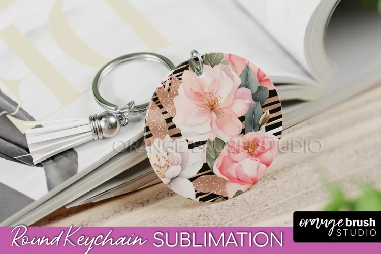 Pink Flowers Keychain, Floral Keychain Sublimation Design