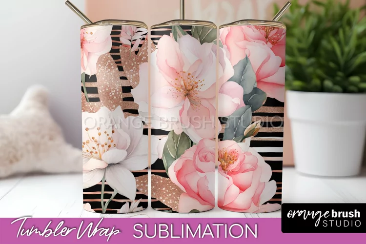 Floral Tumbler Wrap - Pink Flowers Watercolor Tumbler PNG