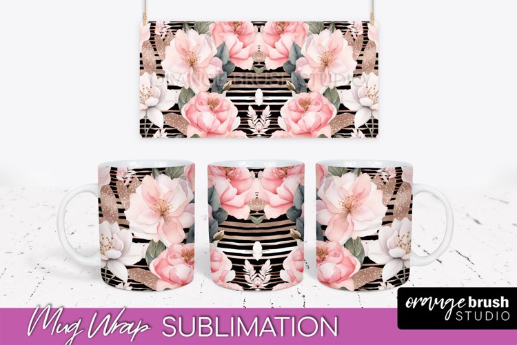 Pink Watercolor Flowers Mug Wrap - Floral Mug Sublimation