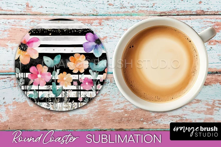 Watercolor Flowers Round Coaster - Floral Pink Sublimation