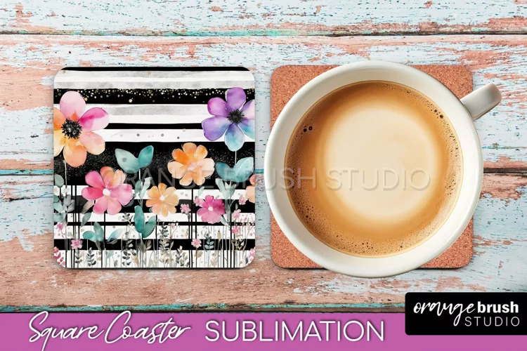Watercolor Flowers Square Coaster - Floral Pink Sublimation