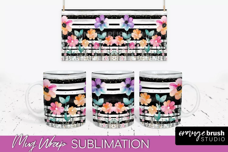 Pink Watercolor Flowers Mug Wrap - Floral Mug Sublimation
