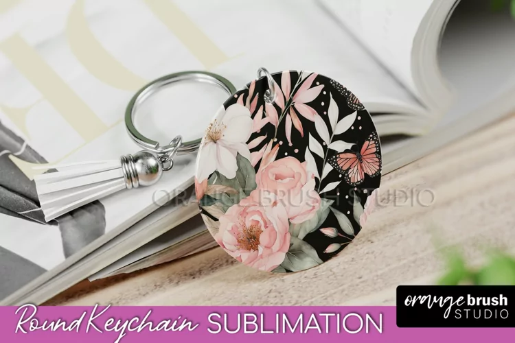 Pink Flowers Keychain, Floral Keychain Sublimation Design