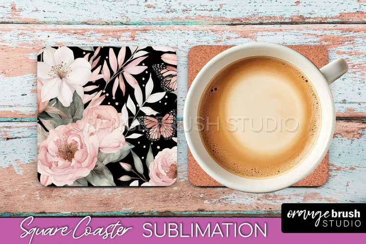 Watercolor Flowers Square Coaster - Floral Pink Sublimation