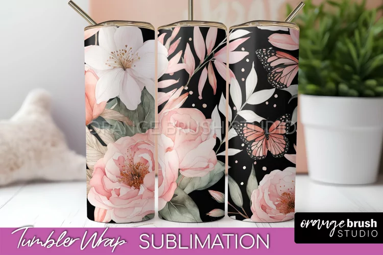 Floral Tumbler Wrap - Pink Flowers Watercolor Tumbler PNG