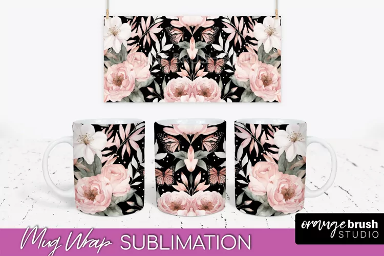 Pink Watercolor Flowers Mug Wrap - Floral Mug Sublimation