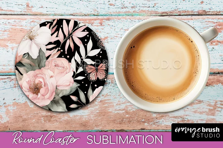 Watercolor Flowers Round Coaster - Floral Pink Sublimation