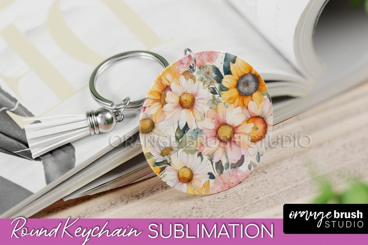Pink Flowers Keychain, Floral Keychain Sublimation Design