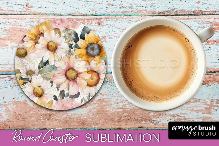 Watercolor Flowers Round Coaster - Floral Pink Sublimation
