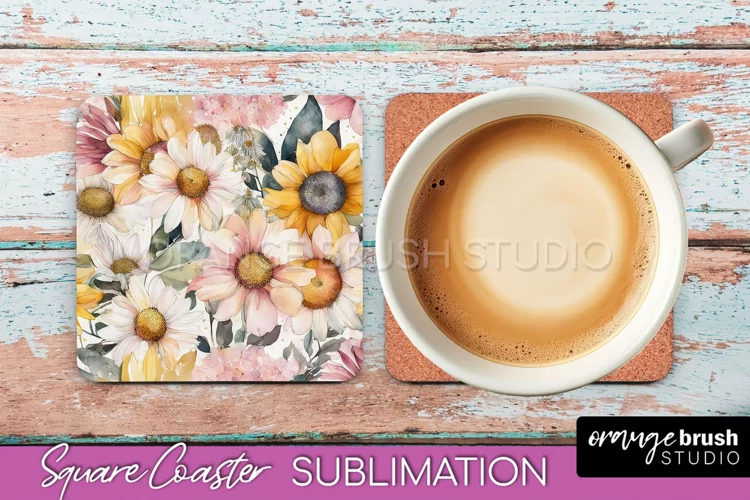 Watercolor Flowers Square Coaster - Floral Pink Sublimation