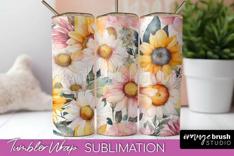 Floral Tumbler Wrap - Pink Flowers Watercolor Tumbler PNG