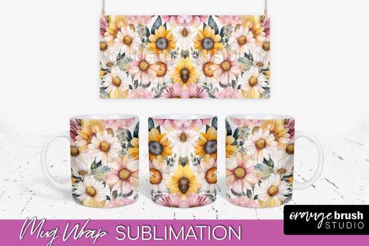 Pink Watercolor Flowers Mug Wrap - Floral Mug Sublimation