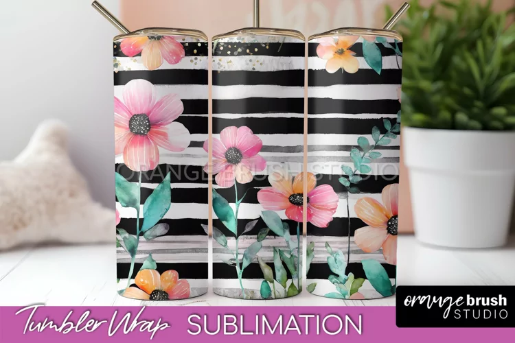Floral Tumbler Wrap - Pink Flowers Watercolor Tumbler PNG
