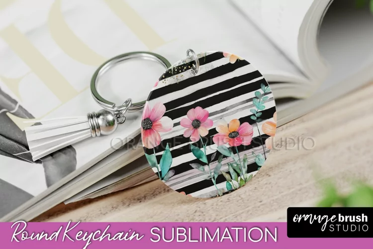Pink Flowers Keychain, Floral Keychain Sublimation Design