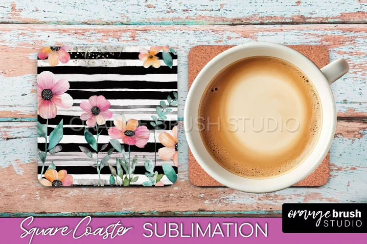 Watercolor Flowers Square Coaster - Floral Pink Sublimation