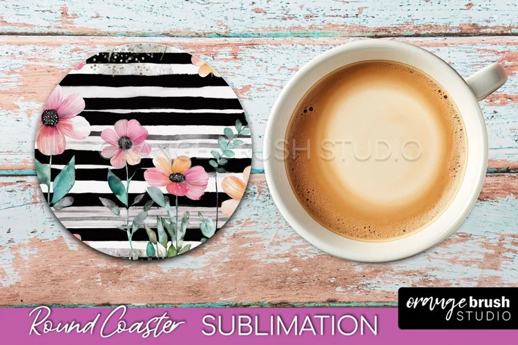 Watercolor Flowers Round Coaster - Floral Pink Sublimation