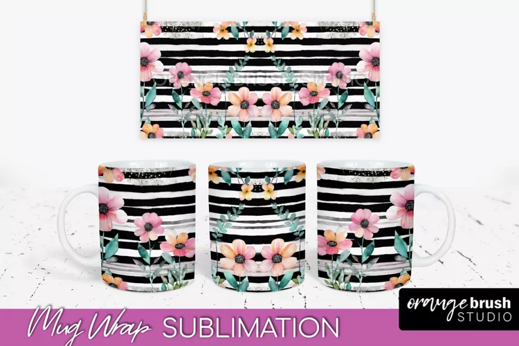 Pink Watercolor Flowers Mug Wrap - Floral Mug Sublimation
