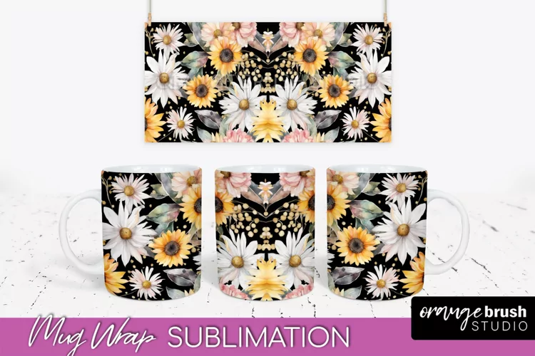 Pink Watercolor Flowers Mug Wrap - Floral Mug Sublimation