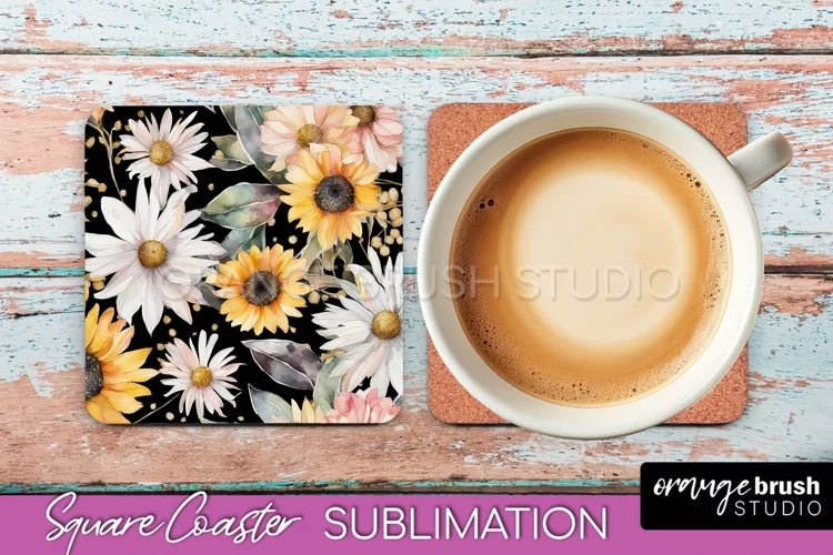 Watercolor Flowers Square Coaster - Floral Pink Sublimation