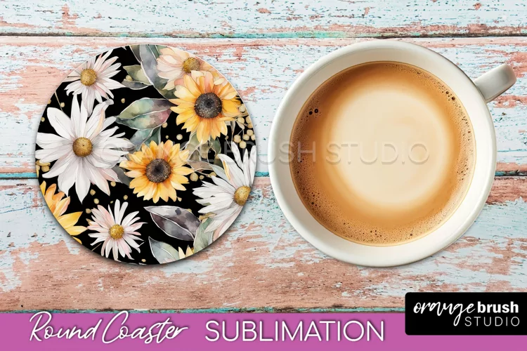 Watercolor Flowers Round Coaster - Floral Pink Sublimation