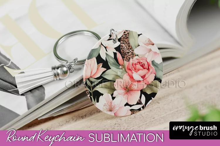 Pink Flowers Keychain, Floral Keychain Sublimation Design