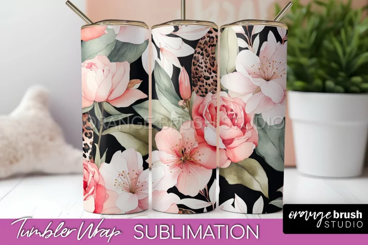 Floral Tumbler Wrap - Pink Flowers Watercolor Tumbler PNG