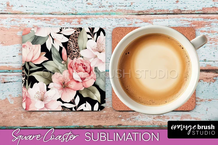 Watercolor Flowers Square Coaster - Floral Pink Sublimation