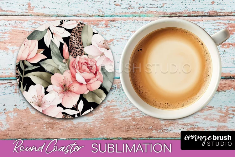 Watercolor Flowers Round Coaster - Floral Pink Sublimation