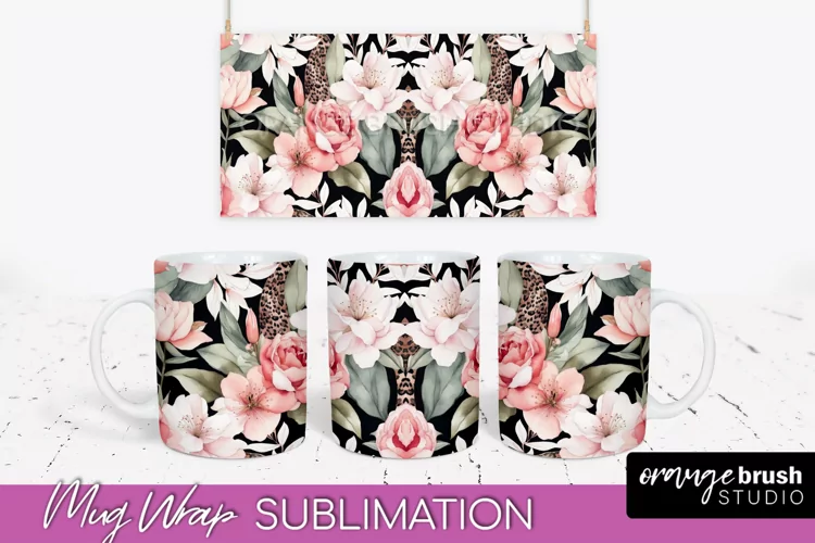 Pink Watercolor Flowers Mug Wrap - Floral Mug Sublimation