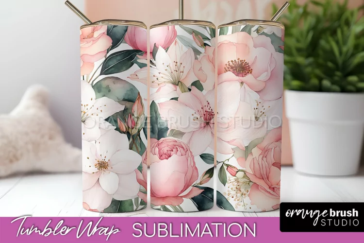 Floral Tumbler Wrap - Pink Flowers Watercolor Tumbler PNG