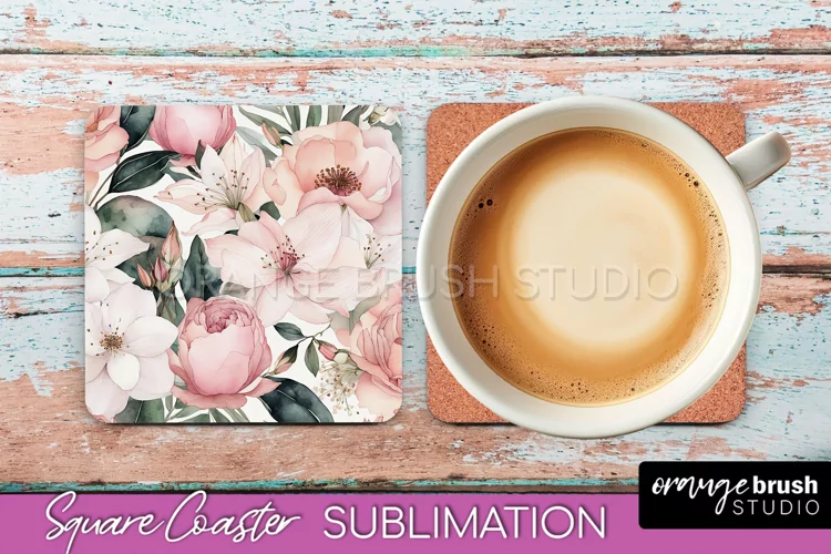 Watercolor Flowers Square Coaster - Floral Pink Sublimation