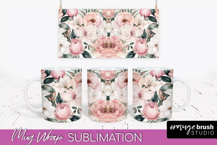 Pink Watercolor Flowers Mug Wrap - Floral Mug Sublimation
