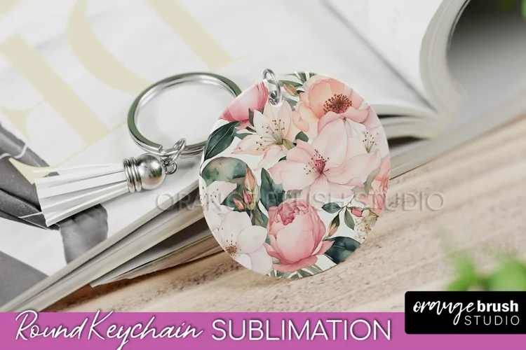 Pink Flowers Keychain, Floral Keychain Sublimation Design