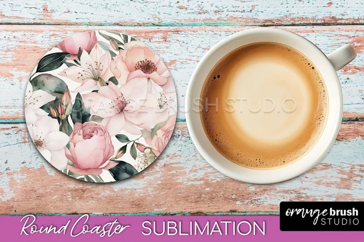 Watercolor Flowers Round Coaster - Floral Pink Sublimation