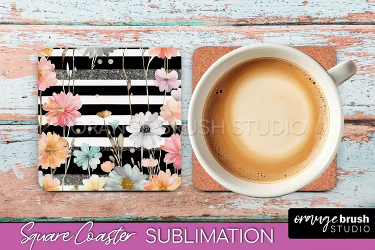 Watercolor Flowers Square Coaster - Floral Pink Sublimation