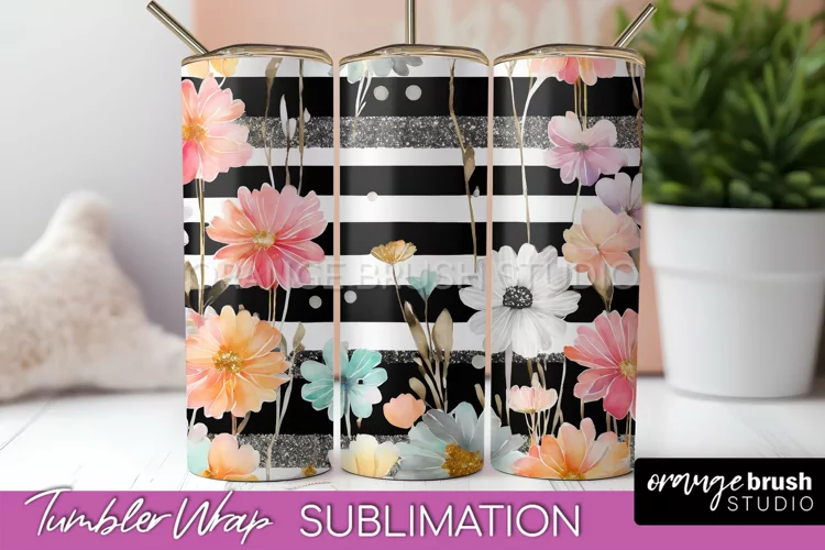 Floral Tumbler Wrap - Pink Flowers Watercolor Tumbler PNG
