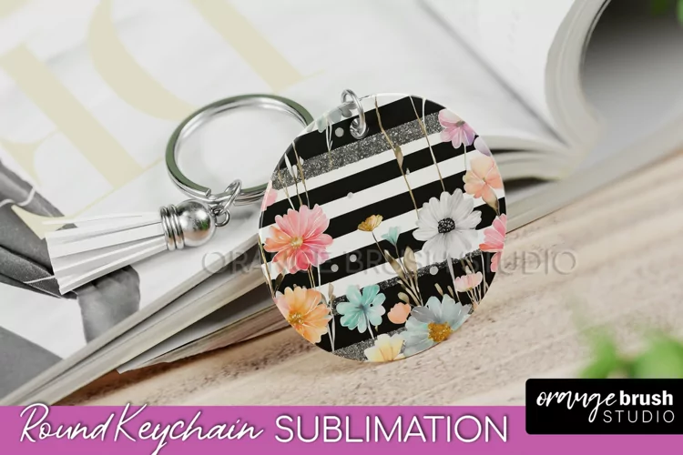Pink Flowers Keychain, Floral Keychain Sublimation Design