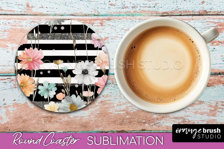 Watercolor Flowers Round Coaster - Floral Pink Sublimation
