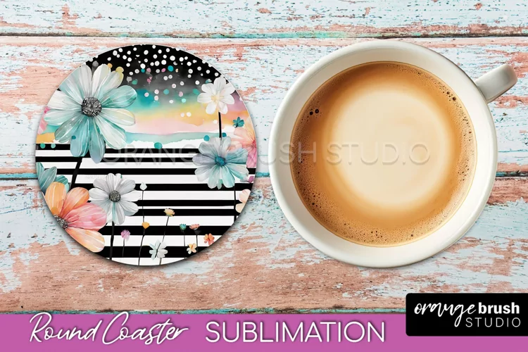 Watercolor Flowers Round Coaster - Floral Pink Sublimation